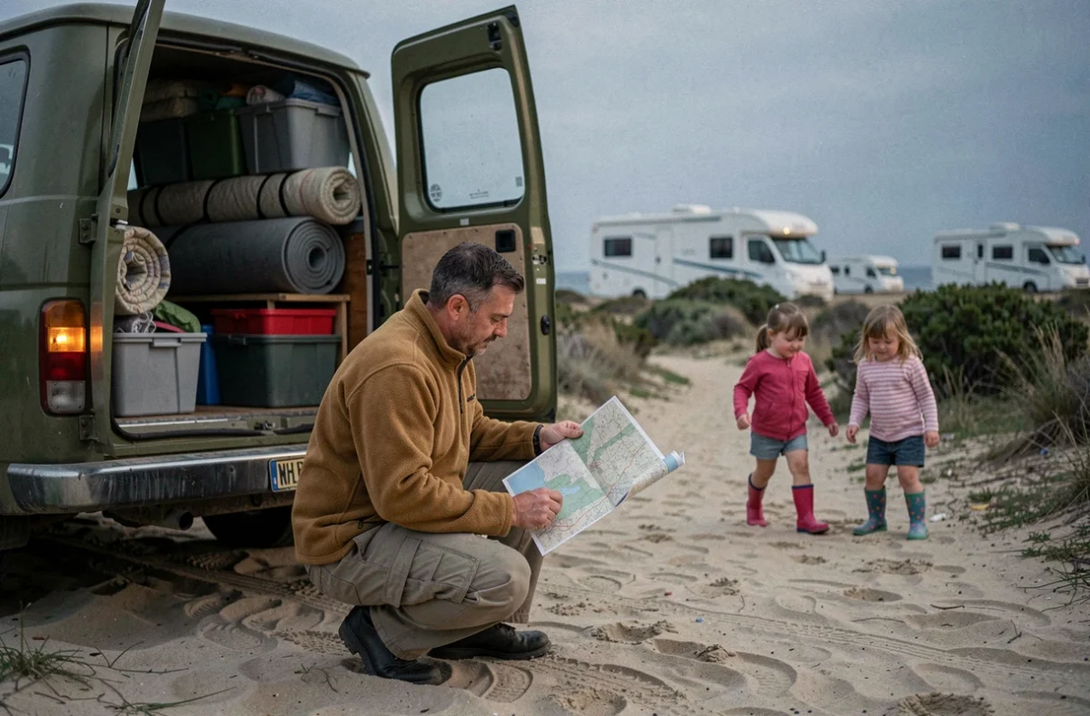 Père consultant une carte routière à l'arrière d'un van aménagé vert dans un camping en bord de mer, ses deux filles jouant derrière lui