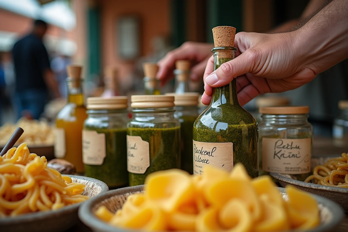 Gros plan sur des produits locaux italiens au marché de Bordighera, huile d'olive, pesto et pâtes artisanales