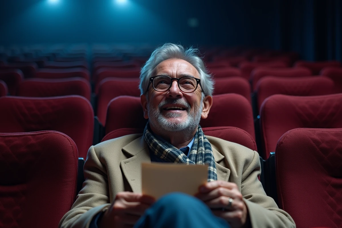 Homme retraité assis en salle de cinéma tenant son ticket de séance gratuite