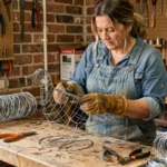 Femme sculptant un oiseau en grillage galvanisé dans un atelier artisanal avec des outils de modelage sur un établi en bois