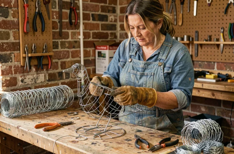 Femme sculptant un oiseau en grillage galvanisé dans un atelier artisanal avec des outils de modelage sur un établi en bois
