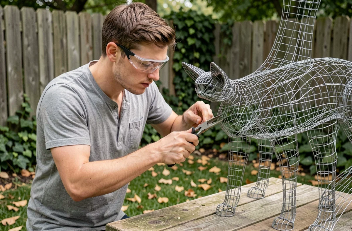 Jeune homme sculptant un renard en grillage dans un jardin, concentré sur l'assemblage des sections de métal avec des pinces