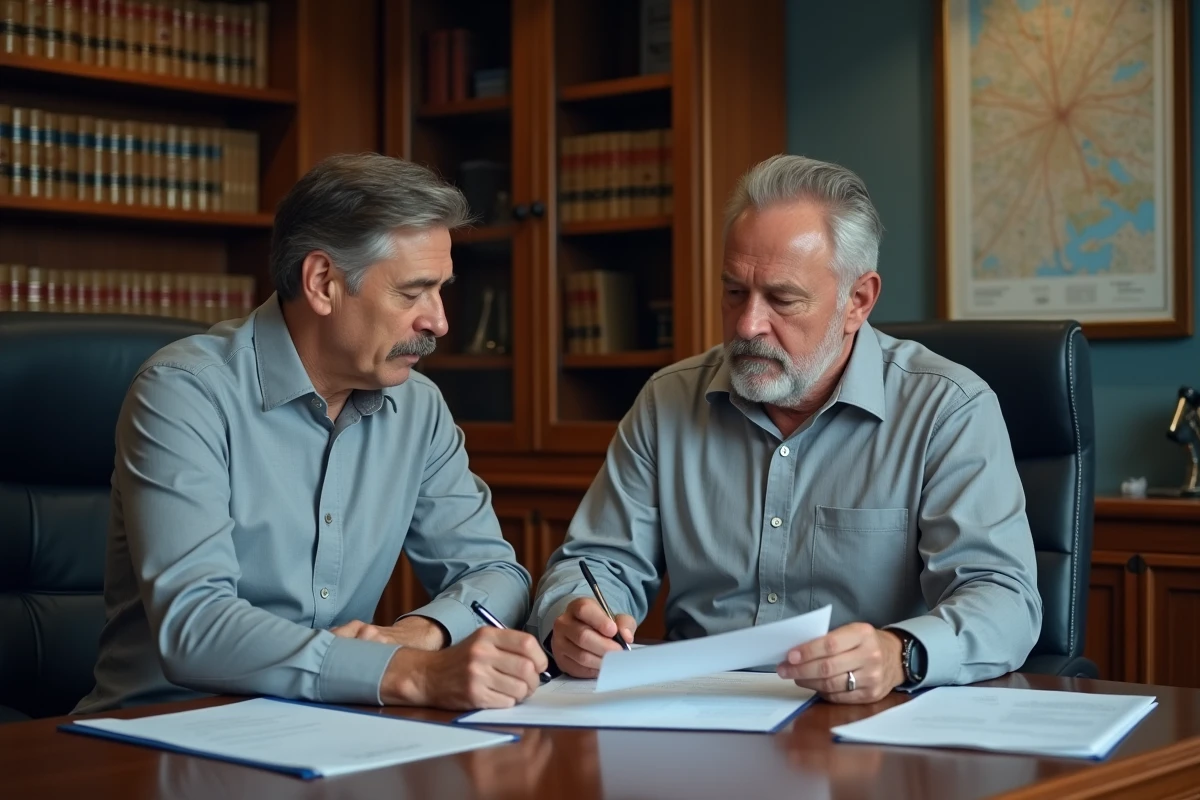 Homme signant un contrat immobilier avec un notaire dans un bureau professionnel lors d'une transaction d'achat