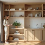 Femme dans un studio parisien avec des étagères sur mesure en chêne clair du sol au plafond optimisant l'espace de rangement