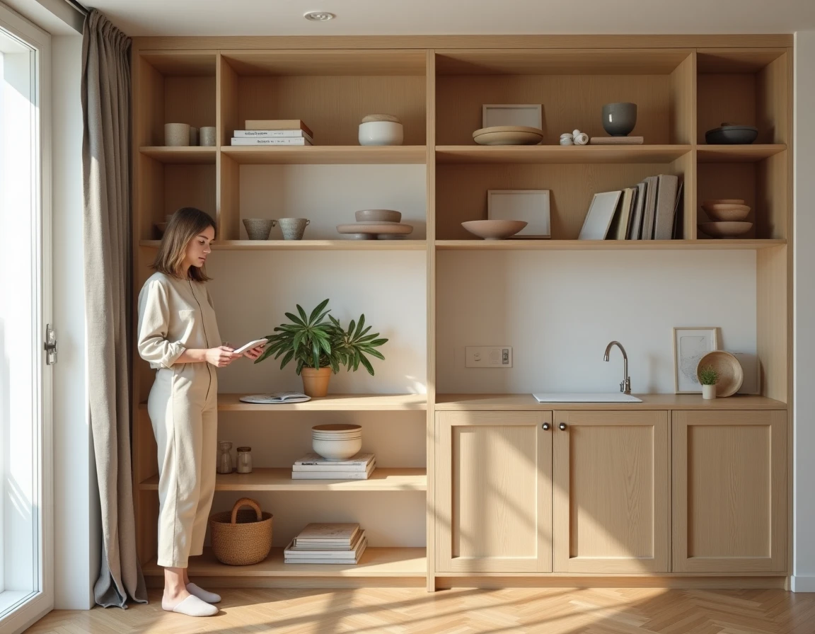 Femme dans un studio parisien avec des étagères sur mesure en chêne clair du sol au plafond optimisant l'espace de rangement