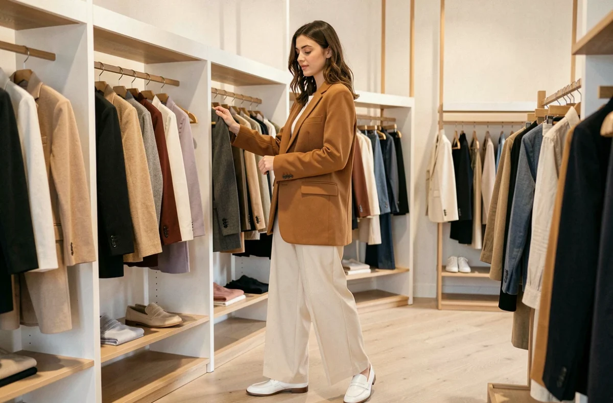 Jeune femme élégante portant un blazer camel oversize et un pantalon large ecru dans une boutique de mode minimaliste