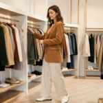 Jeune femme élégante portant un blazer camel oversize et un pantalon large ecru dans une boutique de mode minimaliste
