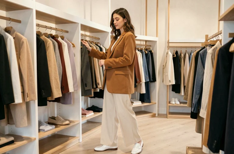 Jeune femme élégante portant un blazer camel oversize et un pantalon large ecru dans une boutique de mode minimaliste