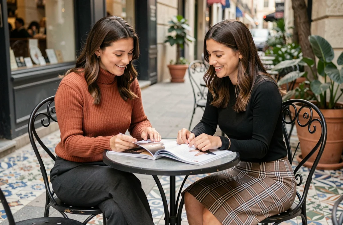 Deux femmes stylées en tenues tendance automne-hiver attablées à une terrasse de café urbain feuilletant un magazine de mode