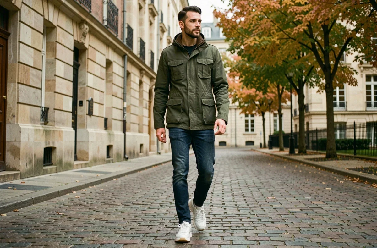 Homme tendance en veste utilitaire verte marchant sur une rue pavée dans une ville européenne en automne
