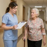 Kinésithérapeute en EHPAD évaluant la marche d'une résidente âgée avec le test de Tinetti dans un couloir médicalisé