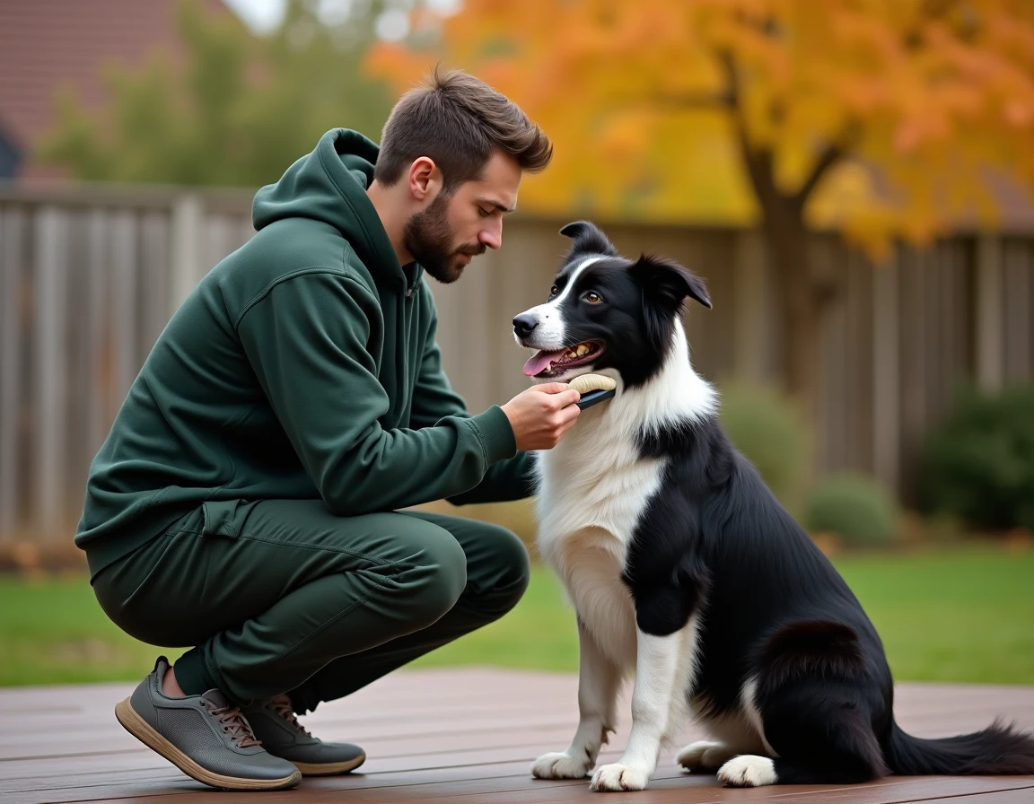 Jeune homme brossant son border collie sur une terrasse en bois entourée de feuillage automnal