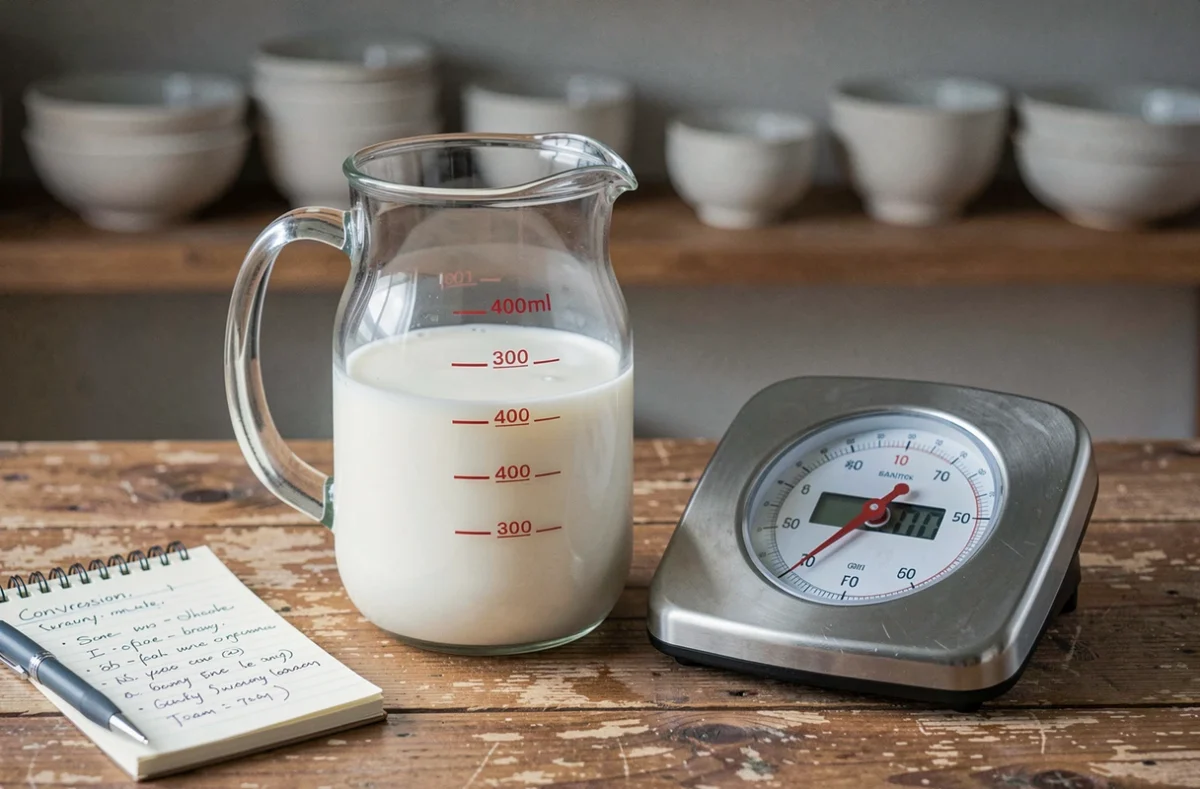 Gros plan d'un verre doseur avec 40cl de lait à côté d'une balance de cuisine et d'un carnet de notes de conversion