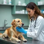 Vétérinaire examinant un golden retriever lors d'une consultation en clinique vétérinaire