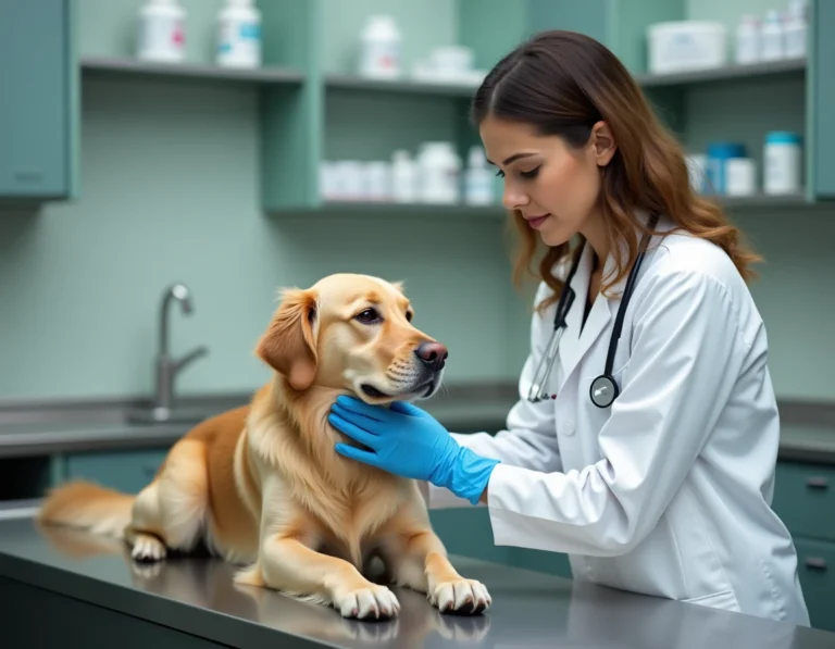 Vétérinaire examinant un golden retriever lors d'une consultation en clinique vétérinaire
