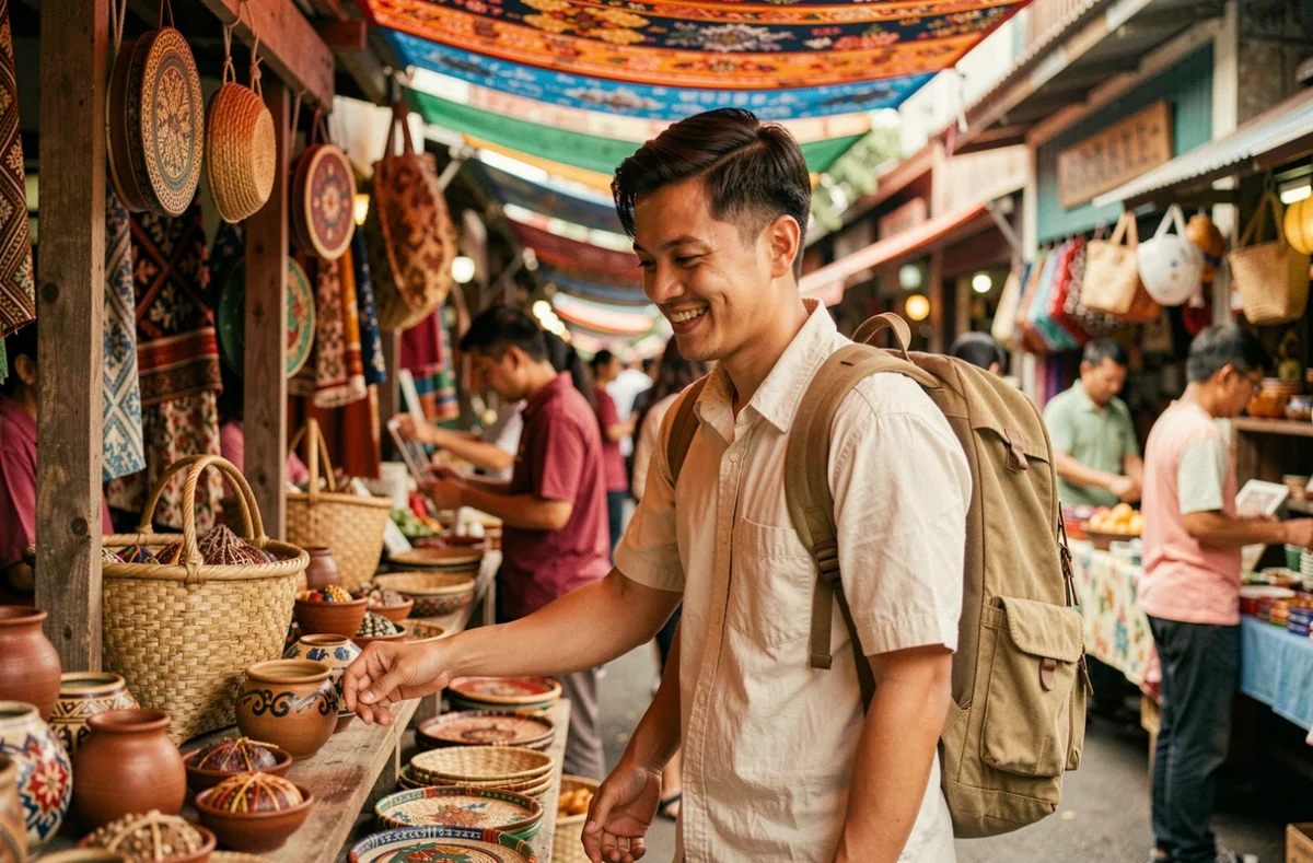 Voyageur solo explorant un marché artisanal en Asie du Sud-Est lors d'un voyage culturel personnalisé