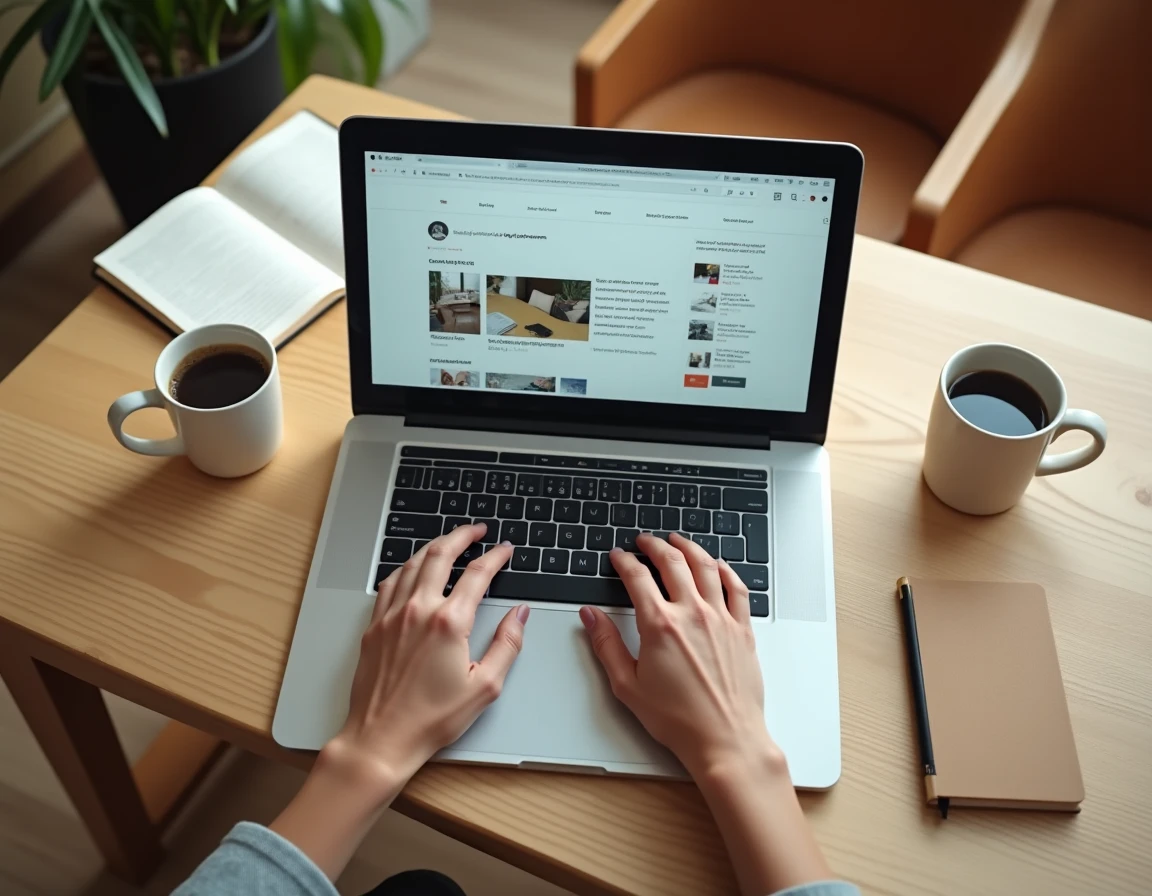 Vue aérienne de mains tapant sur un laptop affichant l'interface du site opensyd.fr sur un bureau en chêne